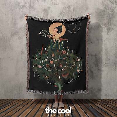 Lady Christmas Tree Vintage Fashion Illustration Woven Tapestry Throw Blanket