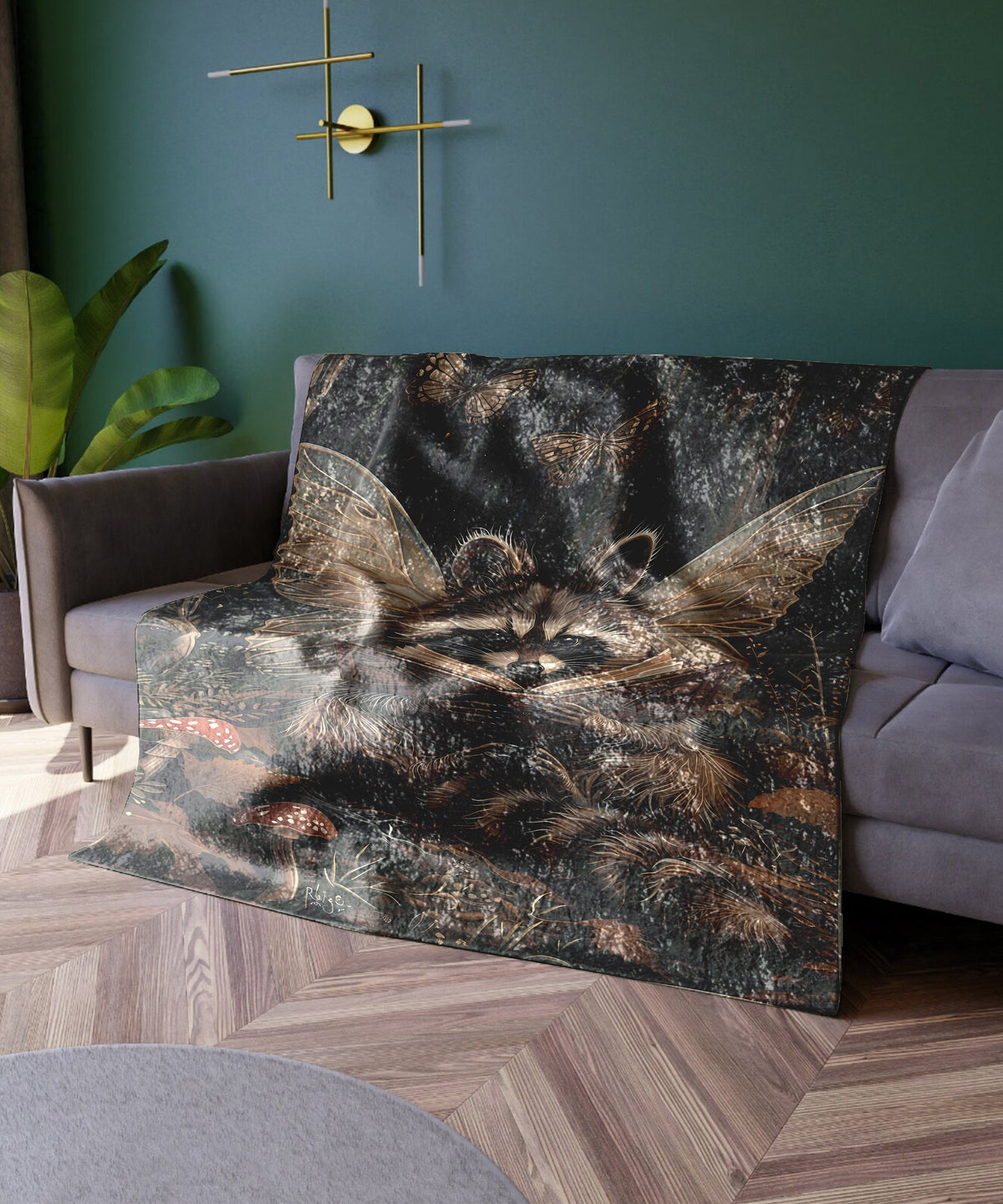 a couch with a picture of a cat on it