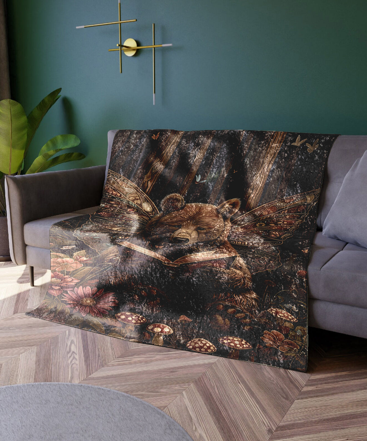 a couch with a picture of a bear on it