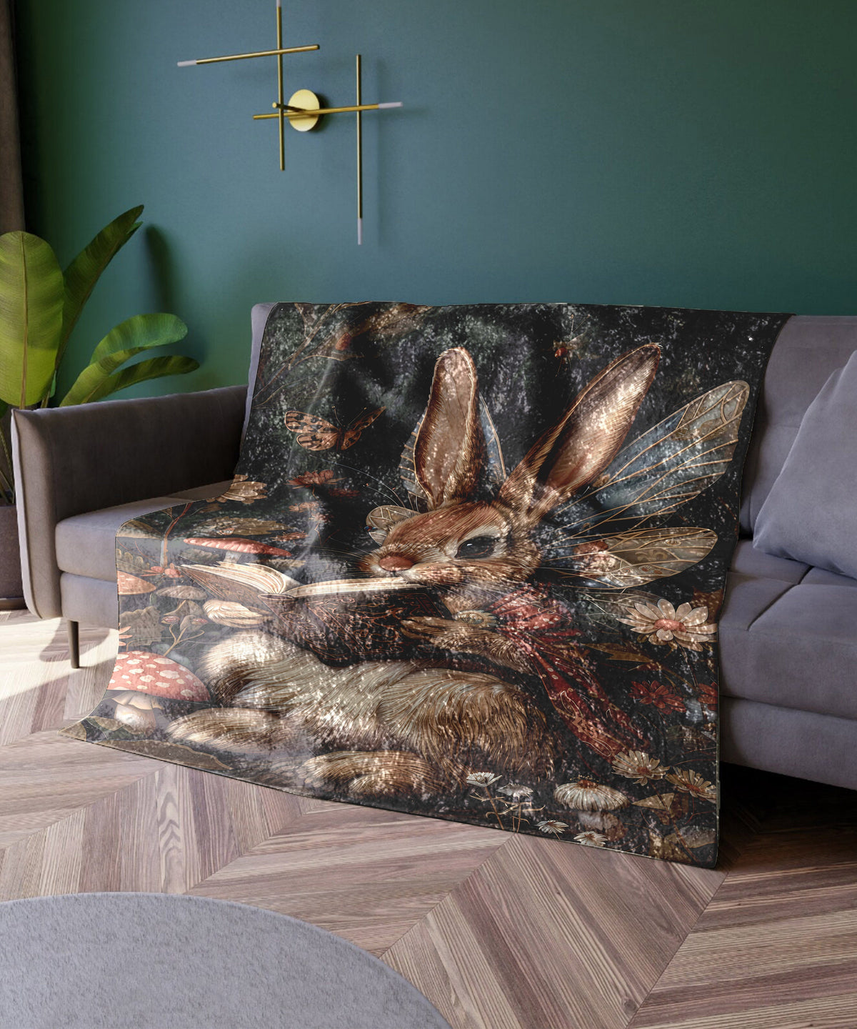 a couch with a painting on it in a living room