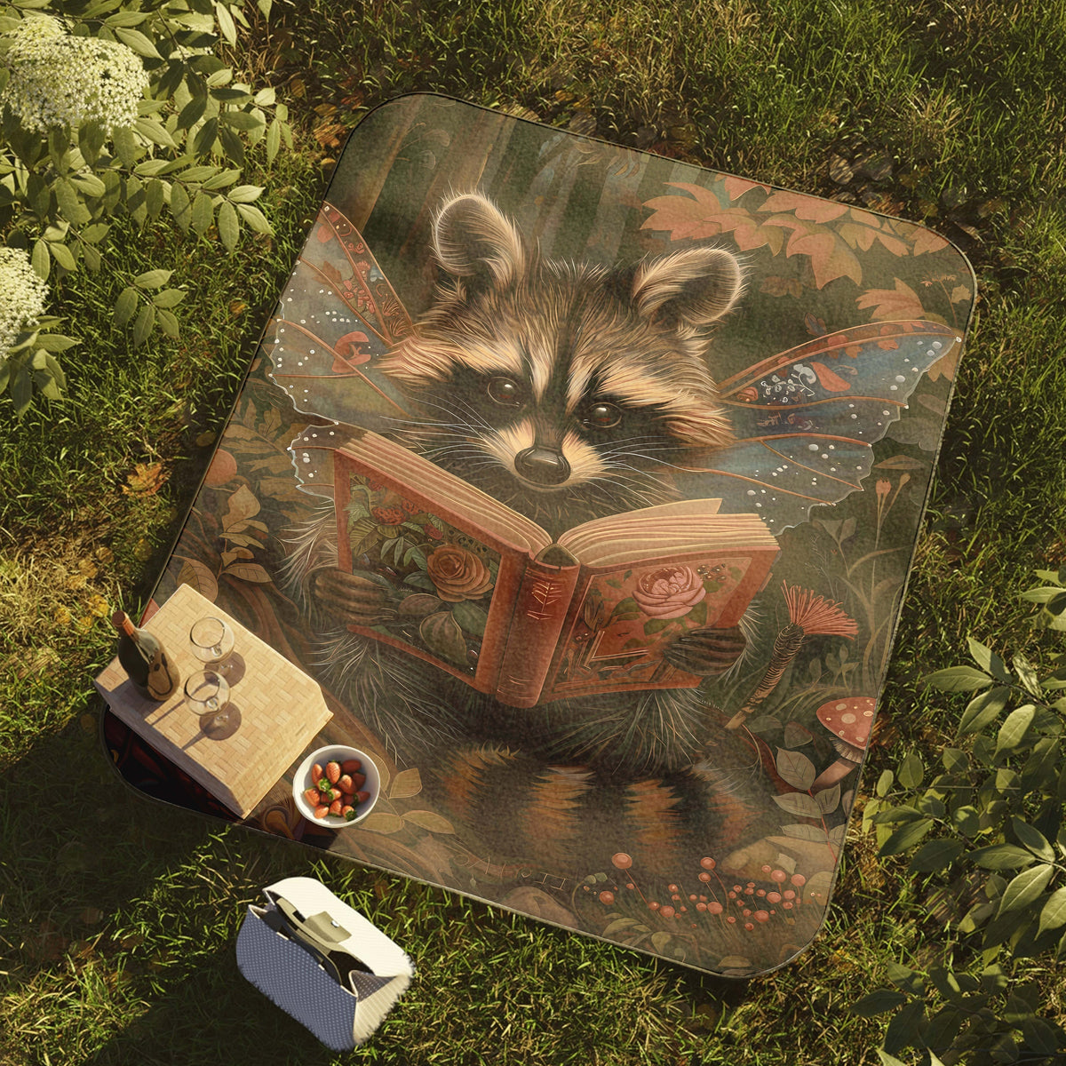 a raccoon is reading a book on the grass