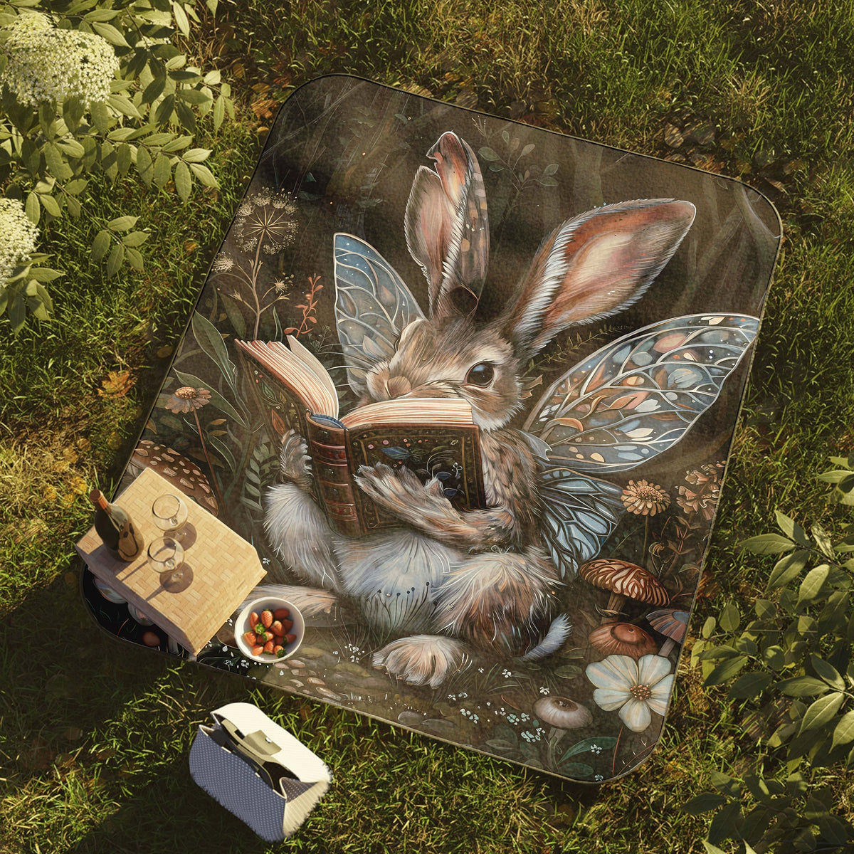 a painting of a bunny reading a book