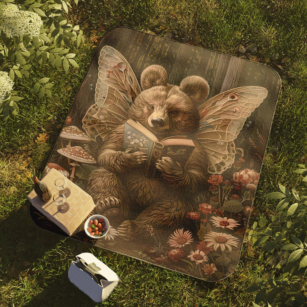 a bear is reading a book on a blanket