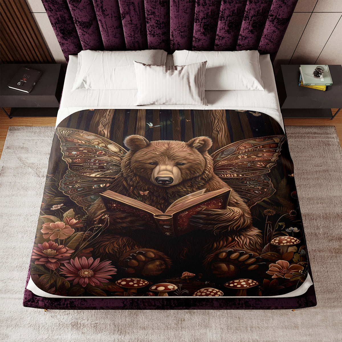 a bed with a bear reading a book