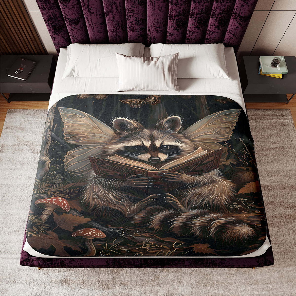 a raccoon is reading a book on a bed