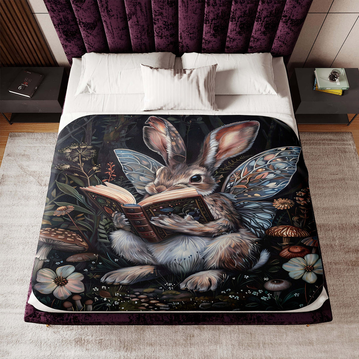 a bed with a painting of a bunny reading a book