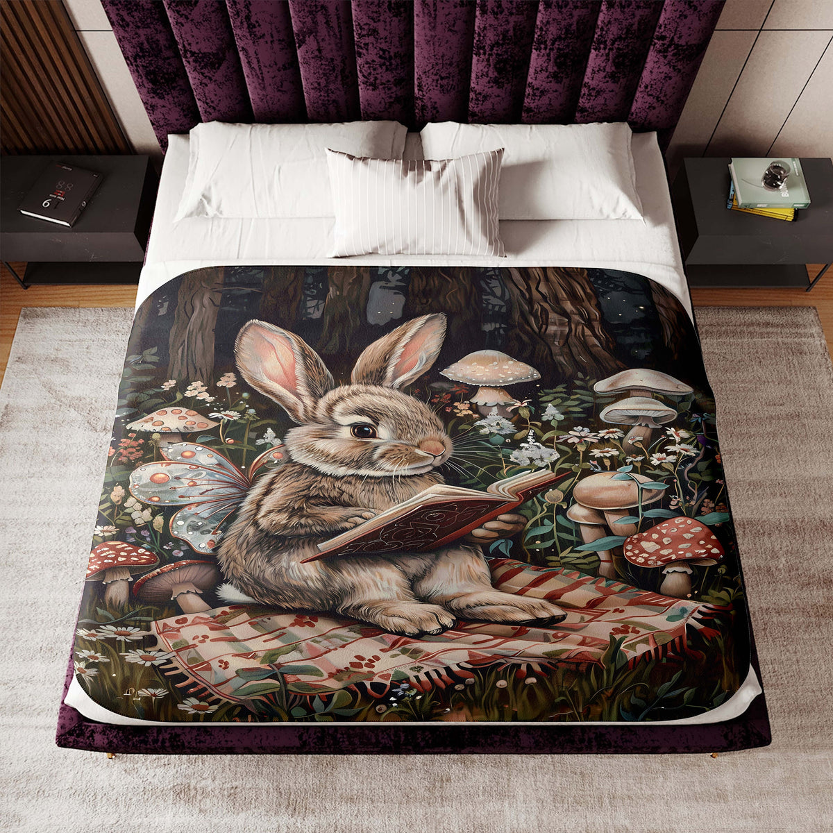 a bed with a painting of a rabbit reading a book