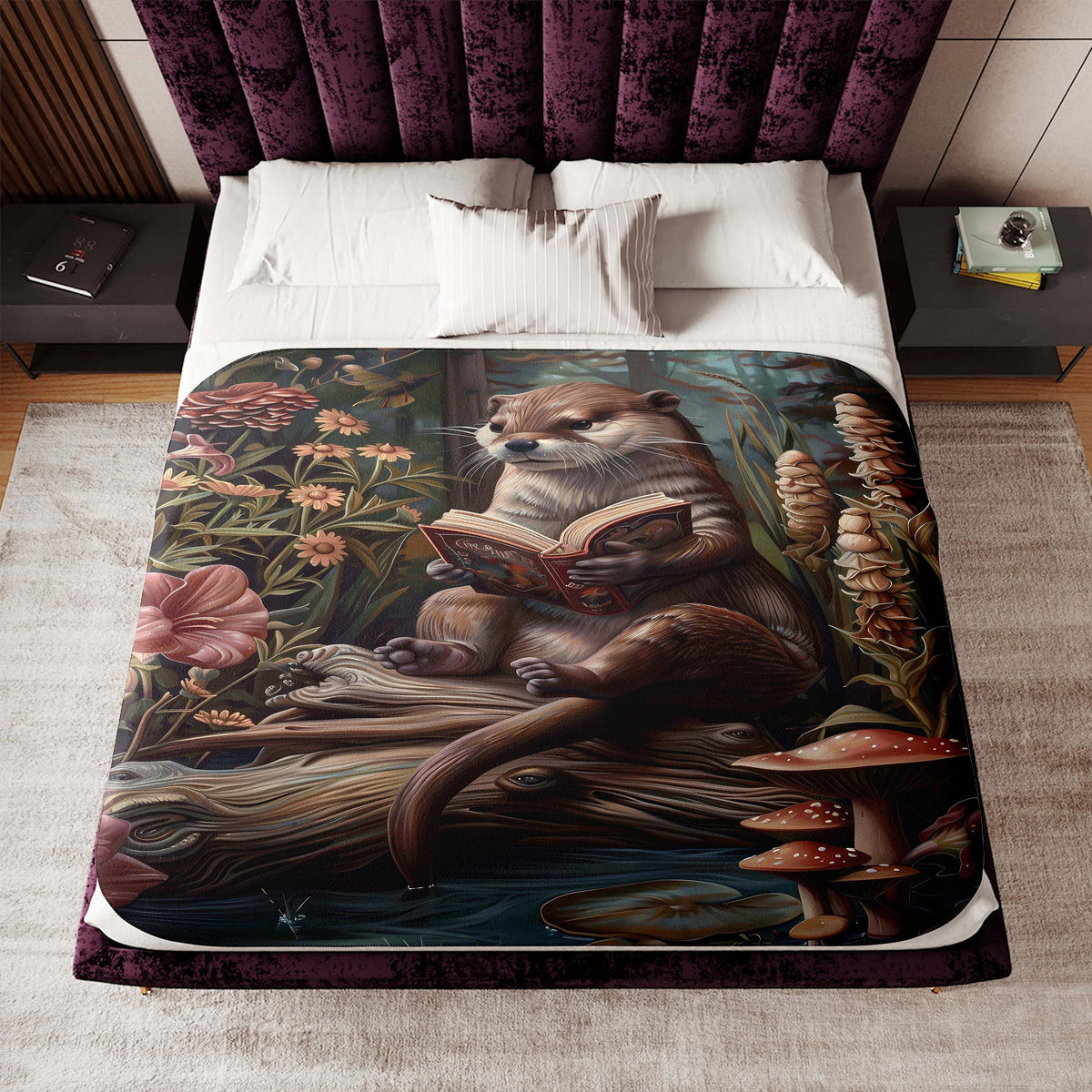 a bed with a painting of a beaver reading a book