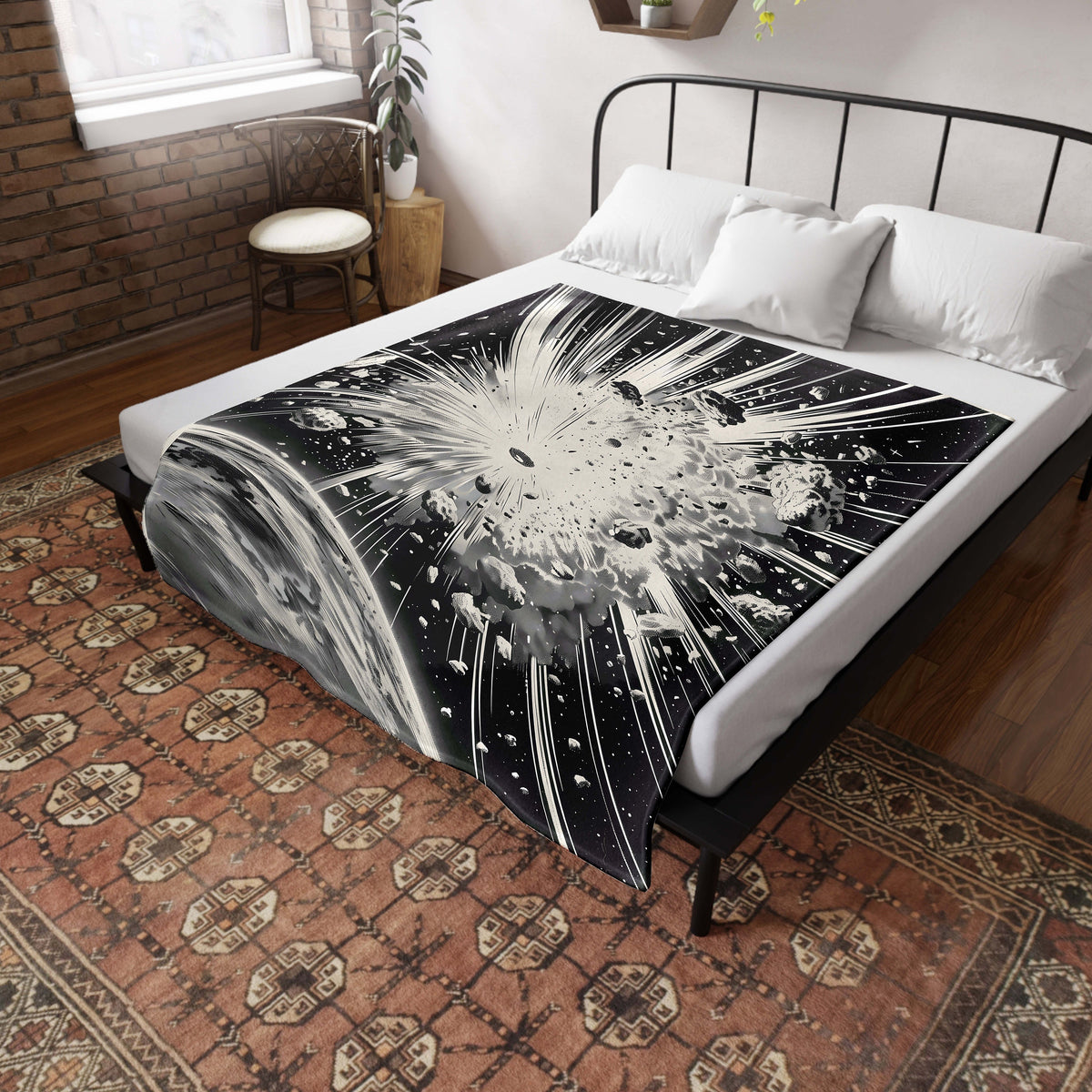 a bed with a black and white picture on it