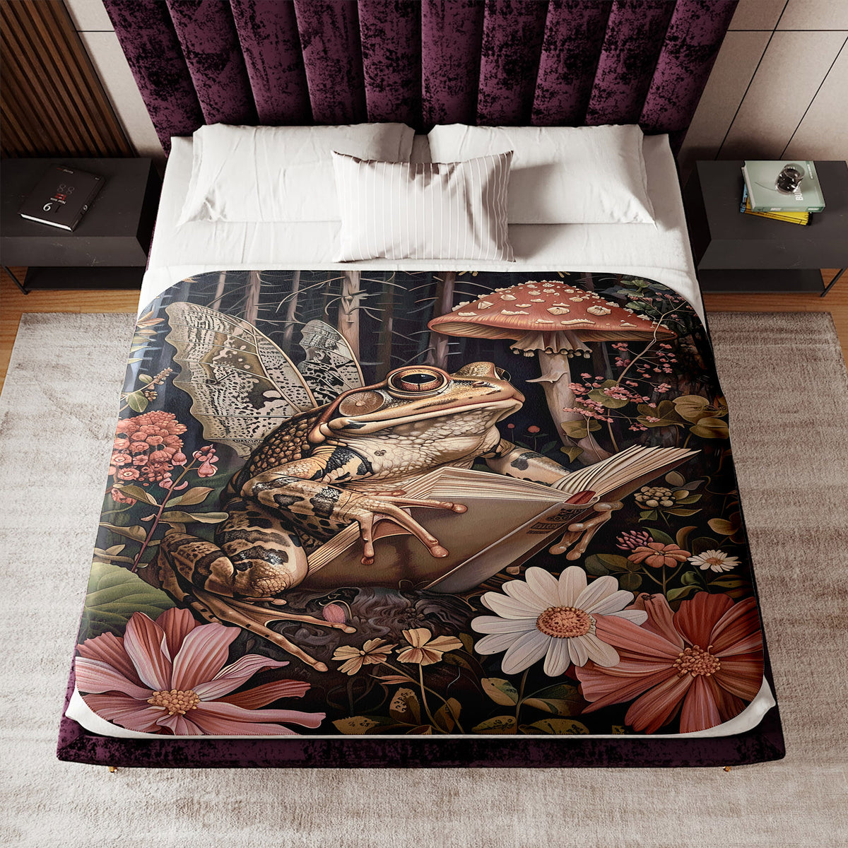 a bed with a picture of a frog on it
