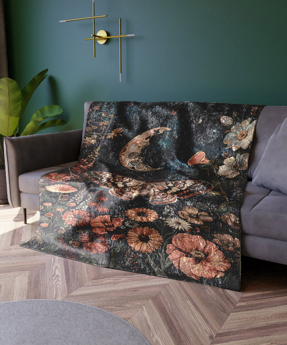 a living room with a couch and a clock on the wall