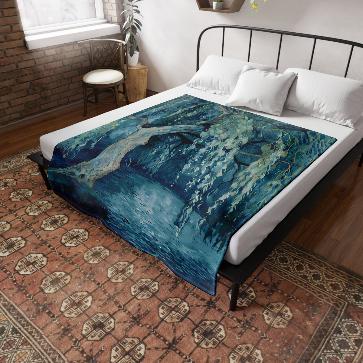 a bed with a painting on it in a room