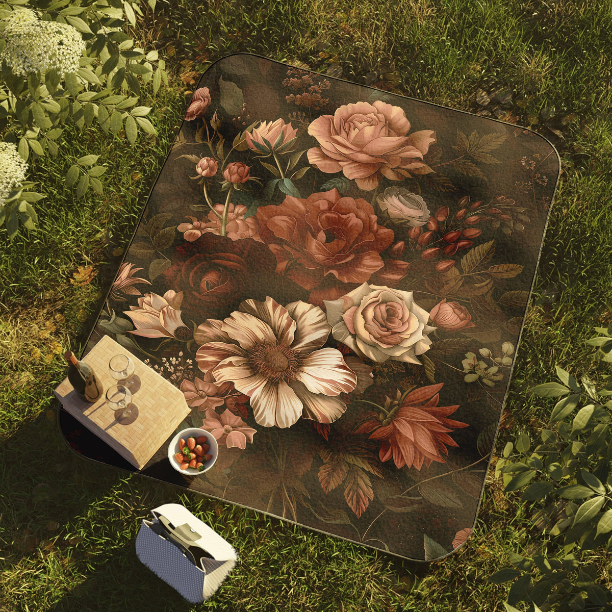 a blanket with flowers on it laying on the ground