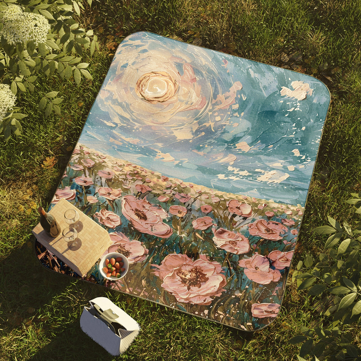 a painting of a field of flowers on a blanket