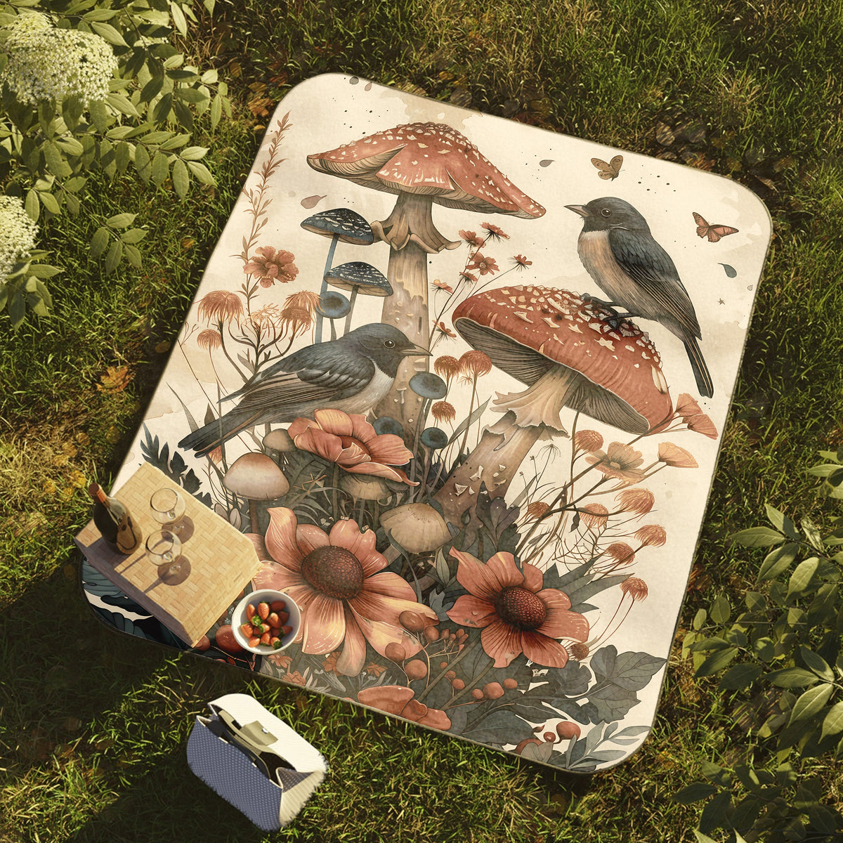 a picnic mat with a painting of birds and mushrooms on it