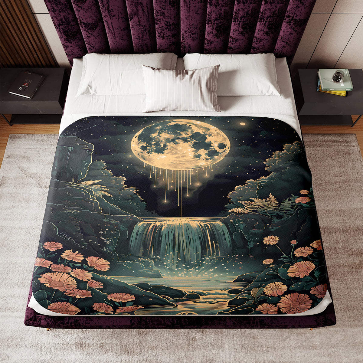 a bed with a painting of a waterfall and a full moon