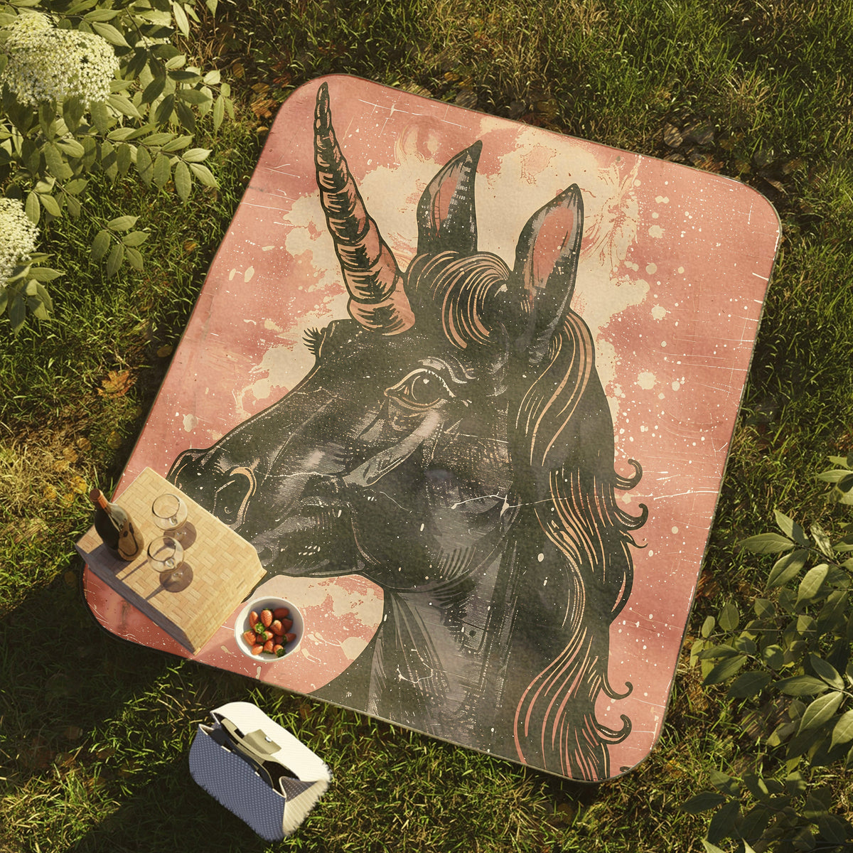 a picnic mat with a unicorn painted on it