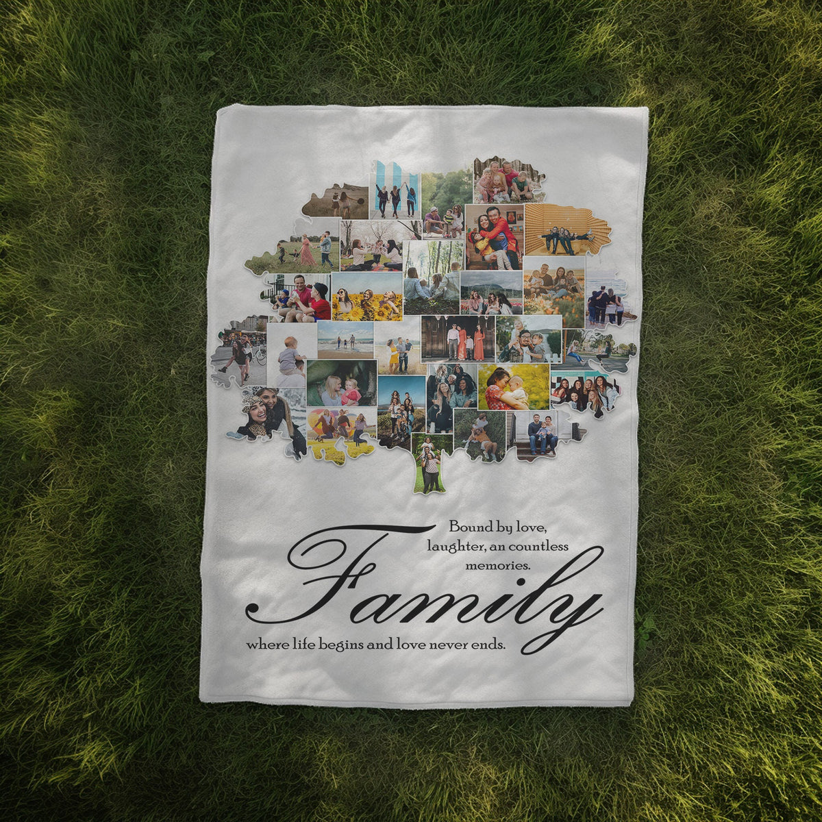 a white blanket with a family photo collage on it