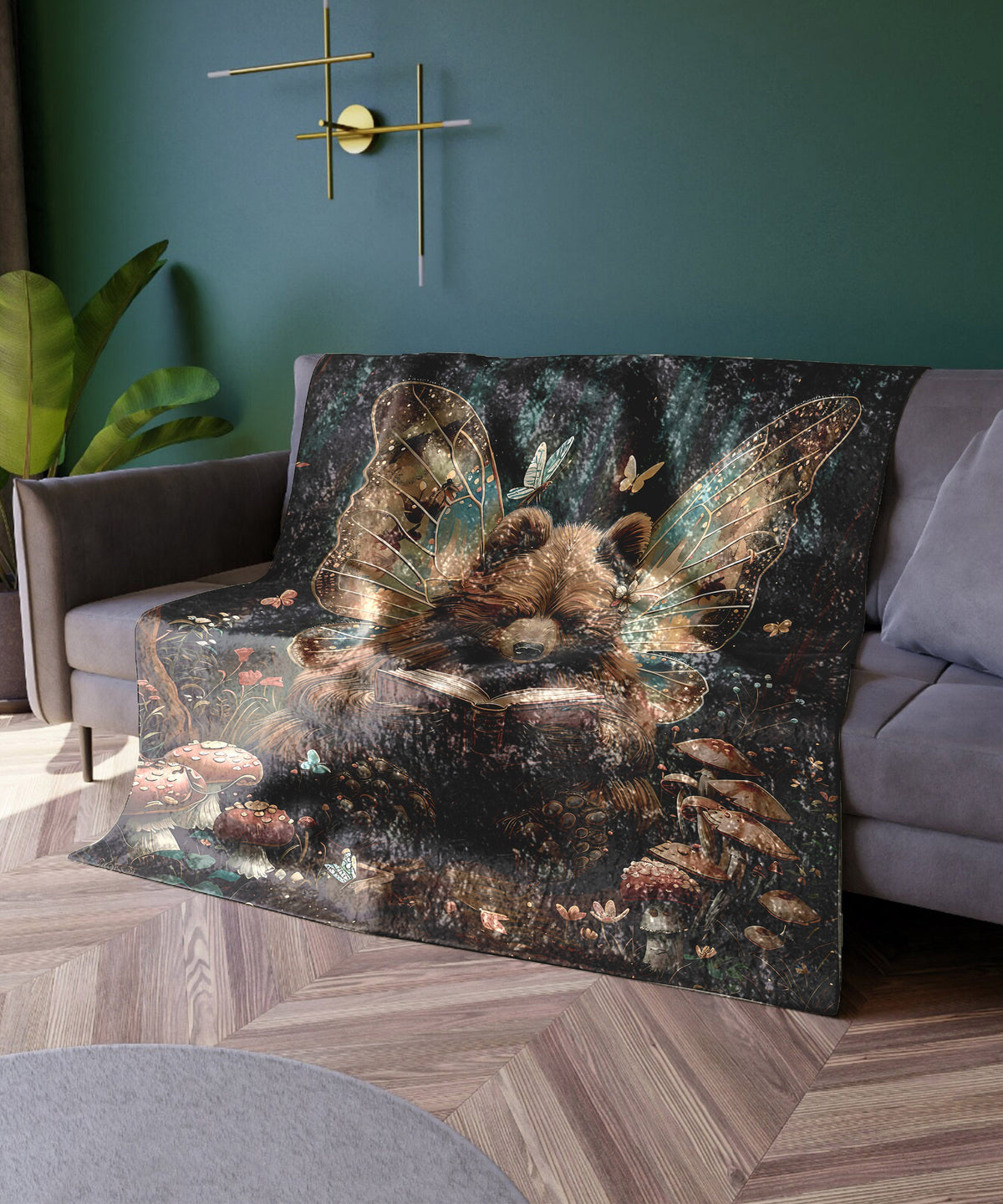 a couch with a painting on the back of it