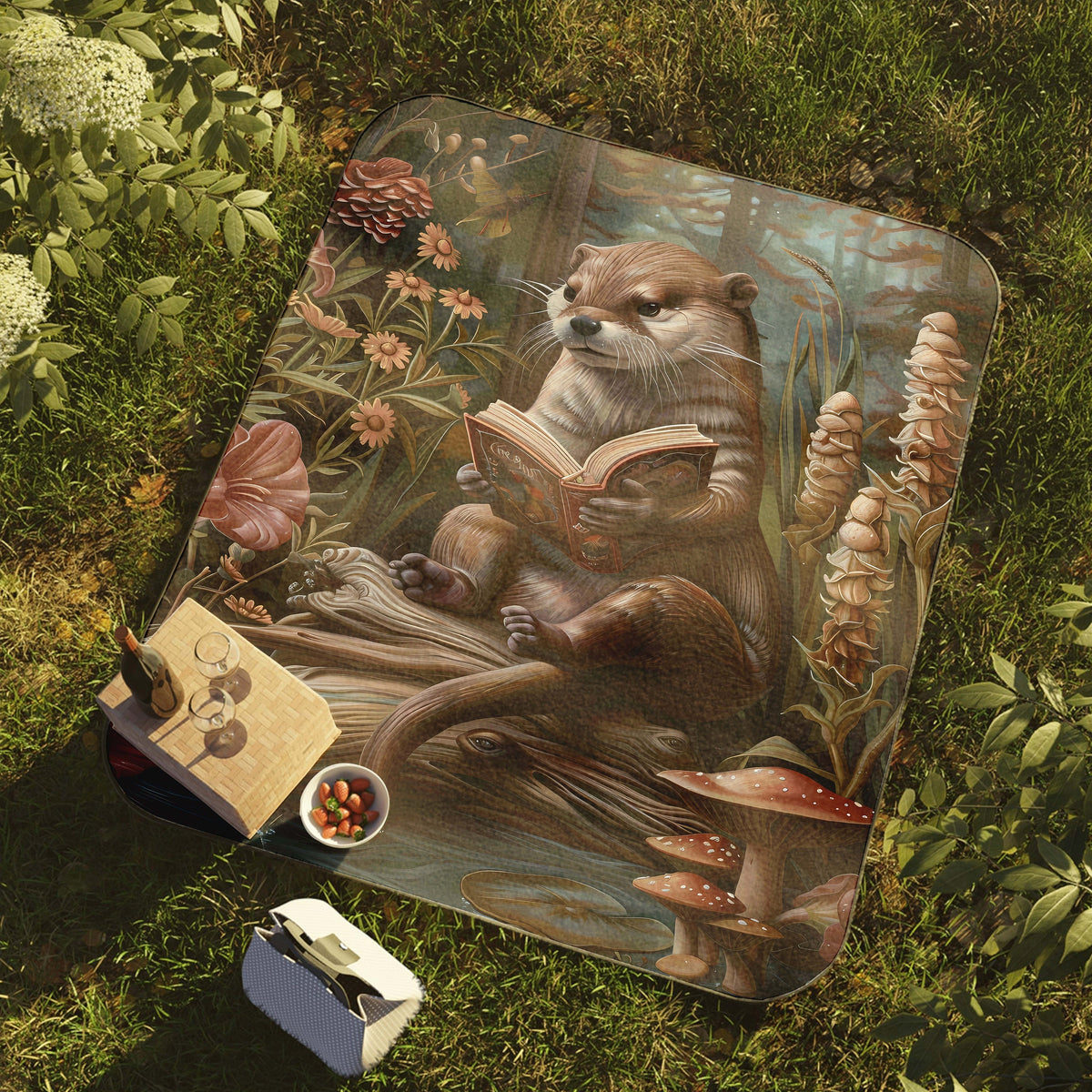a mouse pad with a painting of a beaver reading a book