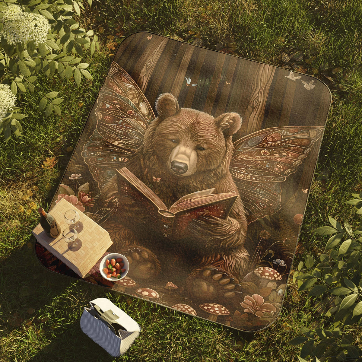 a bear is reading a book on a blanket