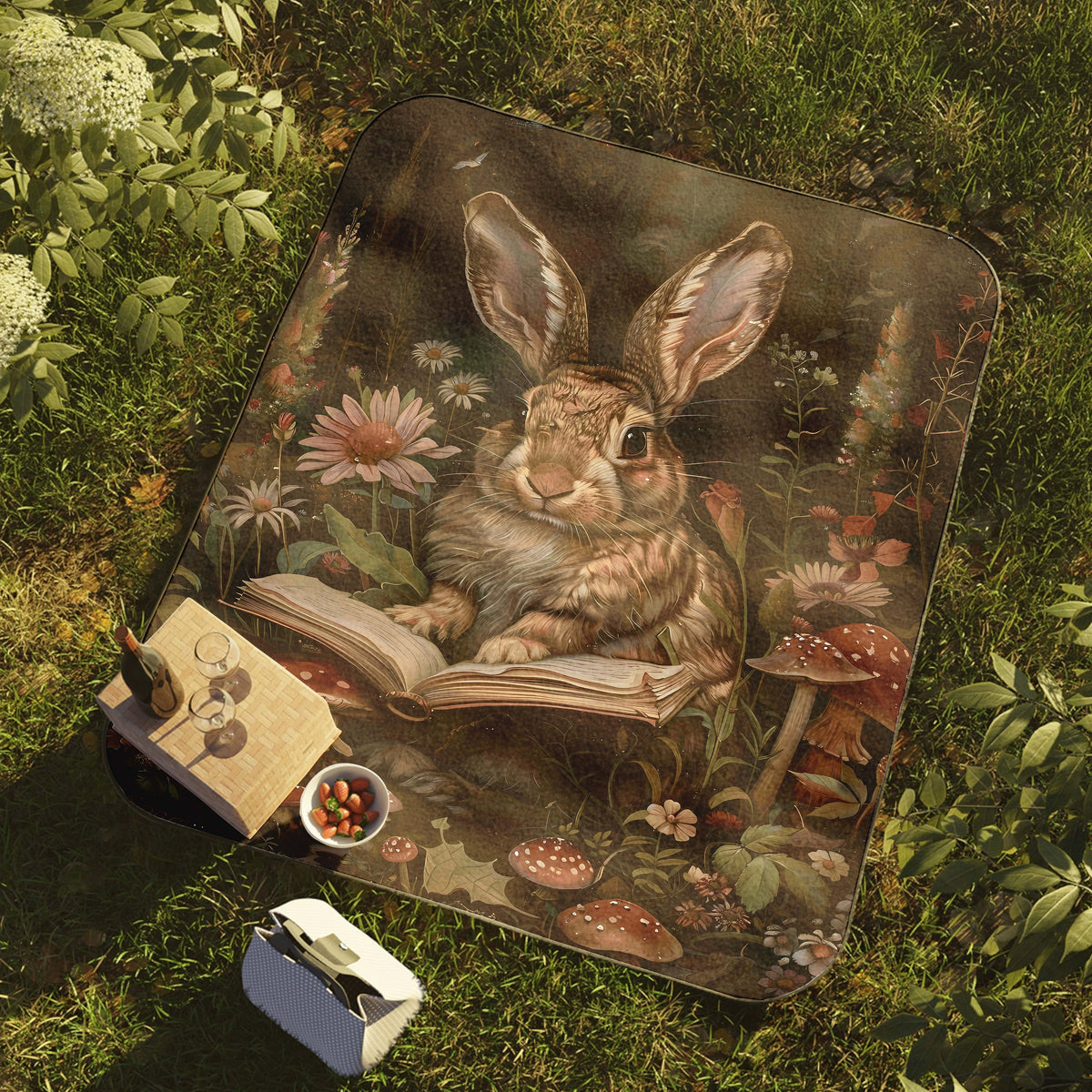 a blanket with a picture of a rabbit reading a book