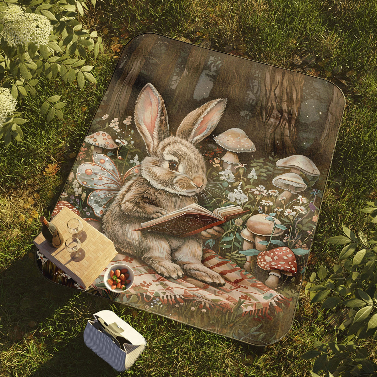 a painting of a rabbit reading a book