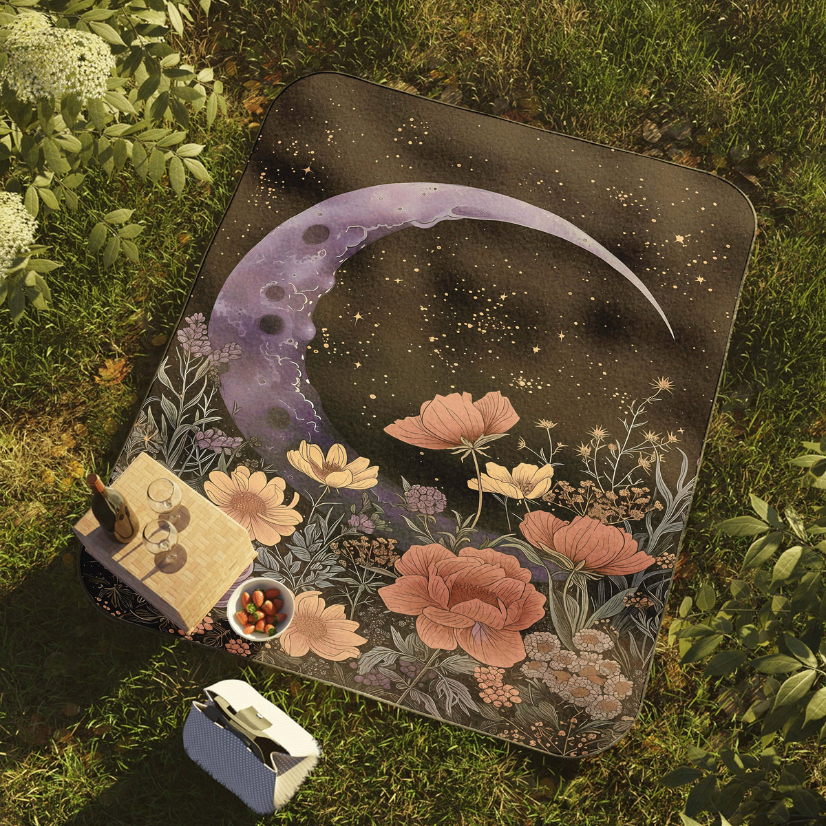 a picnic mat with a painting of a moon and flowers on it