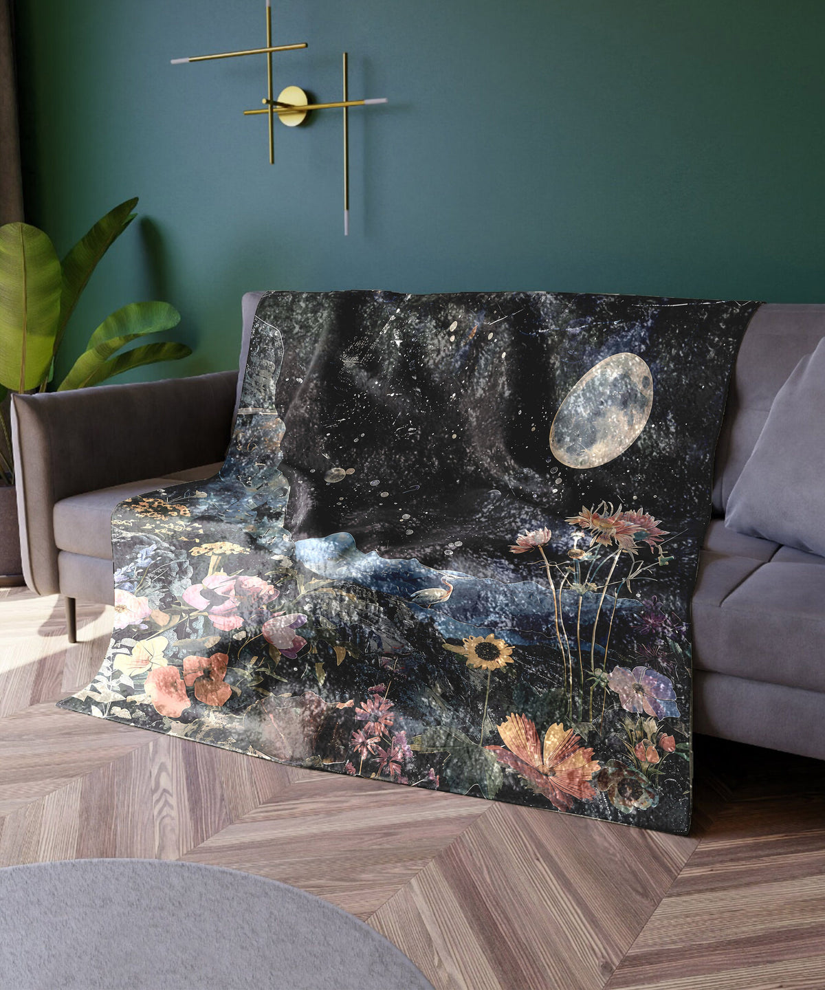 a living room with a couch and a painting on the wall