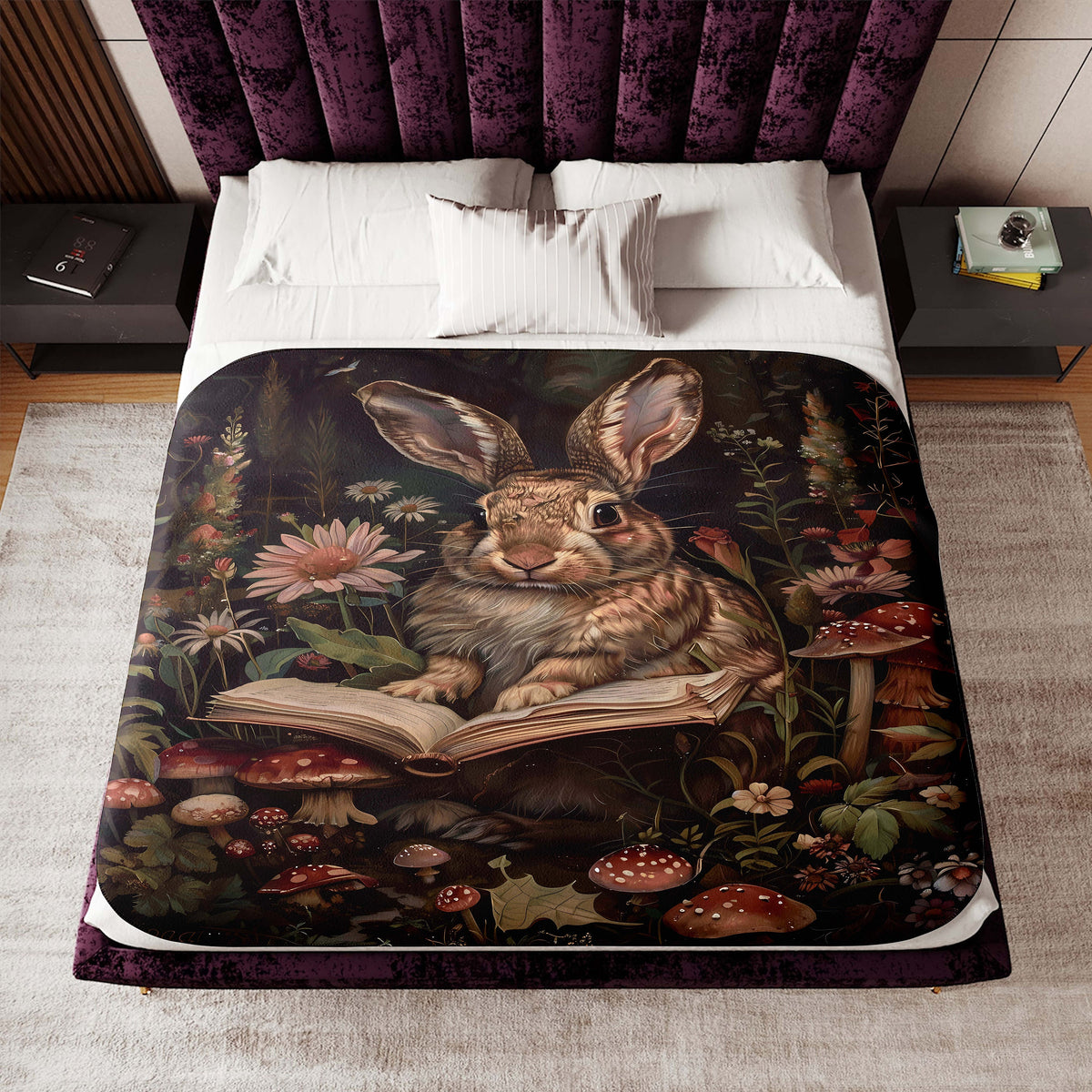 a bed with a painting of a rabbit reading a book