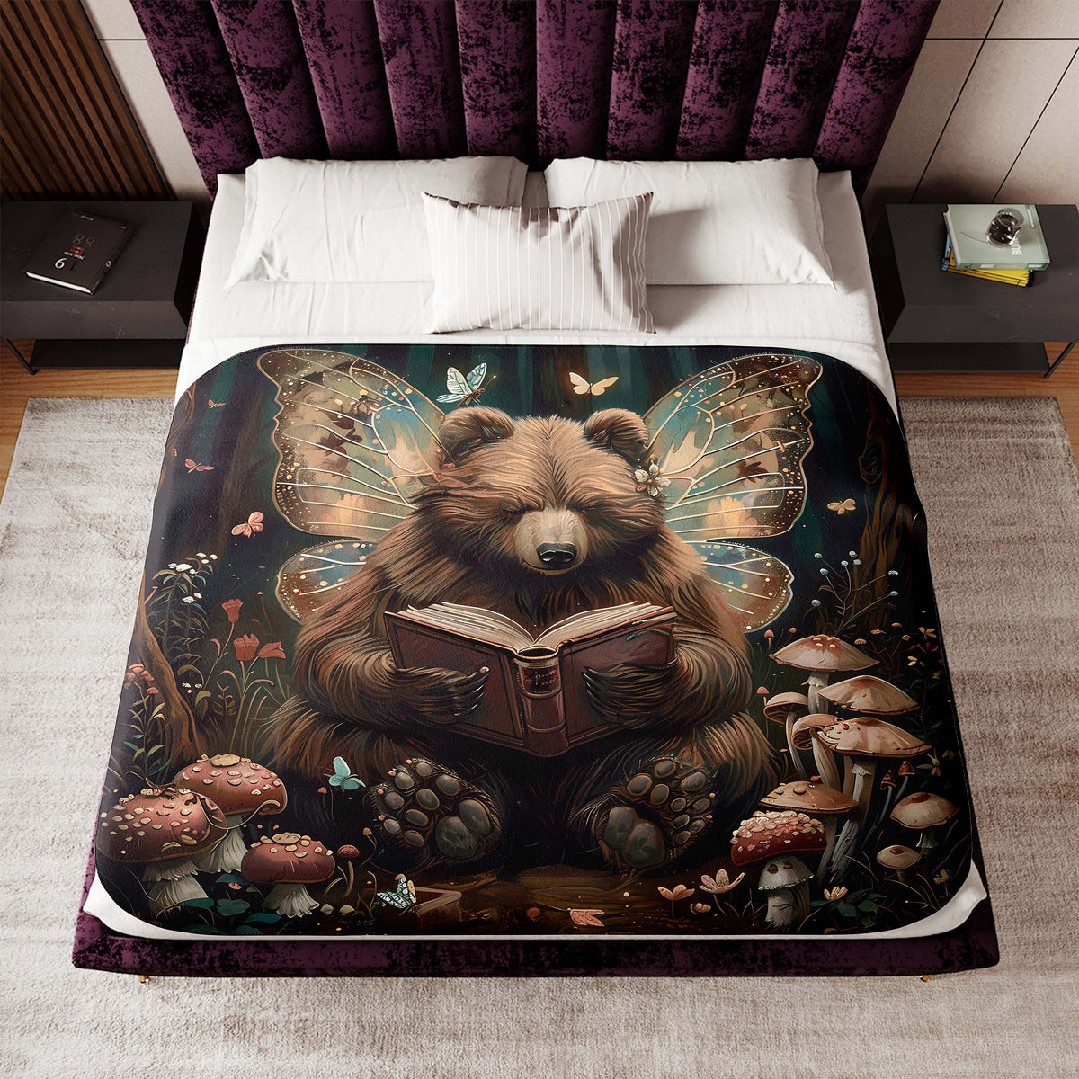 a bed with a bear reading a book