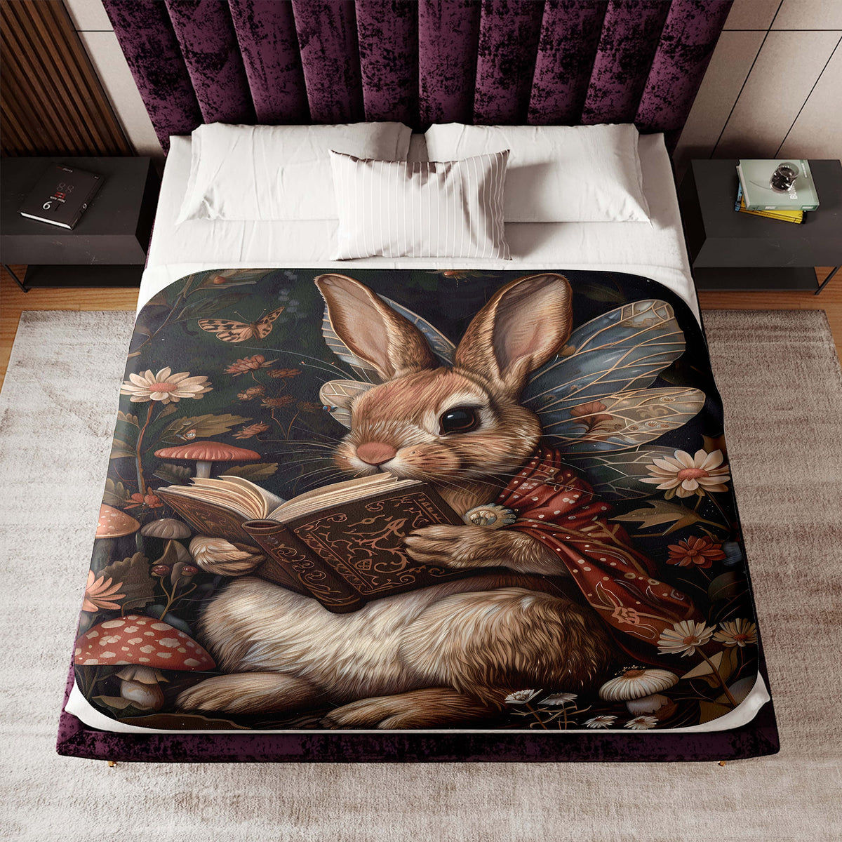 a bed with a painting of a bunny reading a book