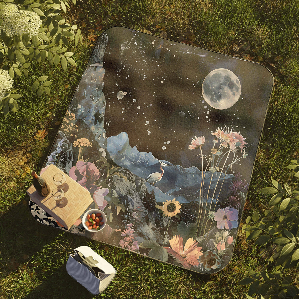 a picnic mat with a painting of flowers and a moon