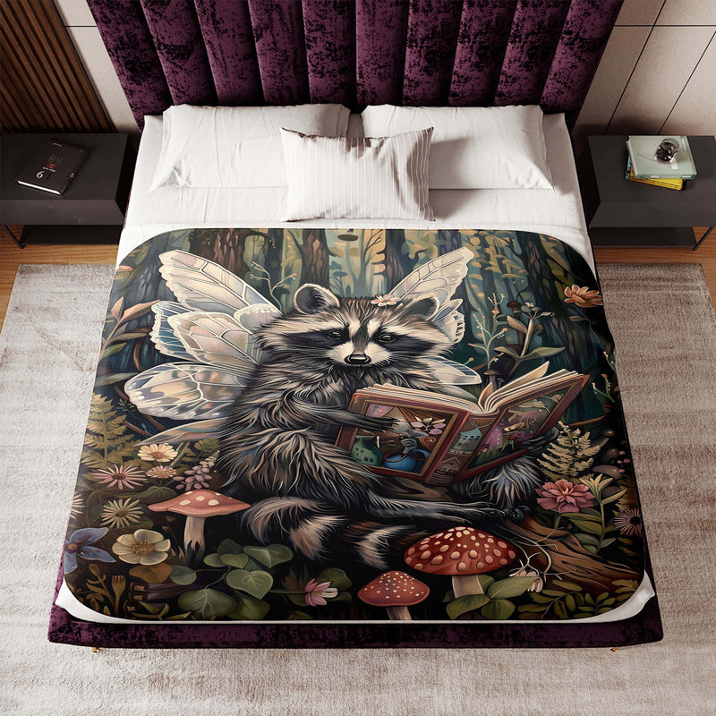 a bed with a painting of a raccoon reading a book