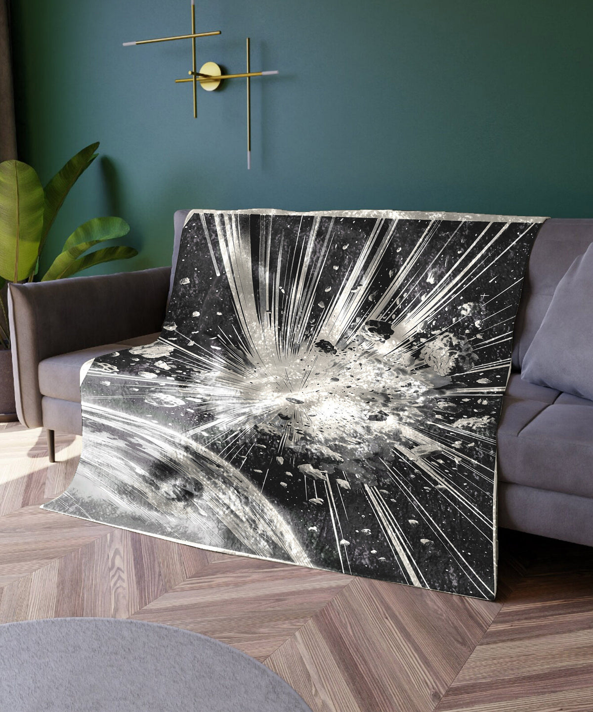 a black and white photo of a couch with a star burst on it
