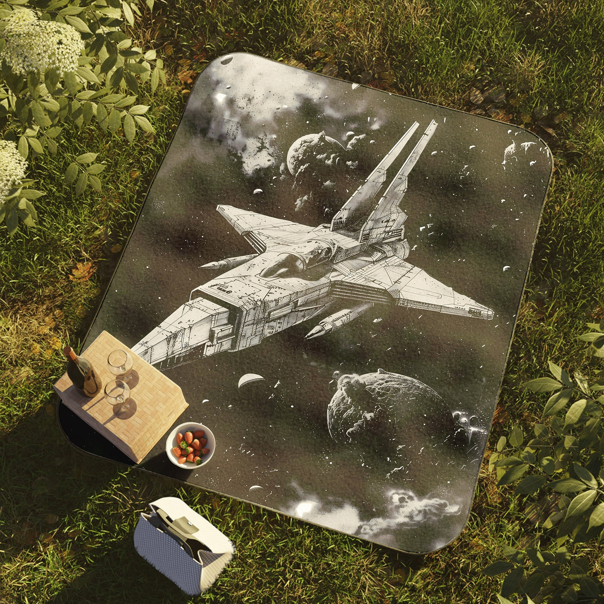 a star wars themed picnic blanket on the ground