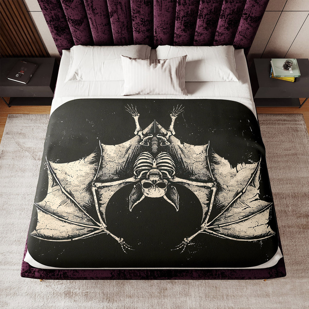 a bed with a bat design on it