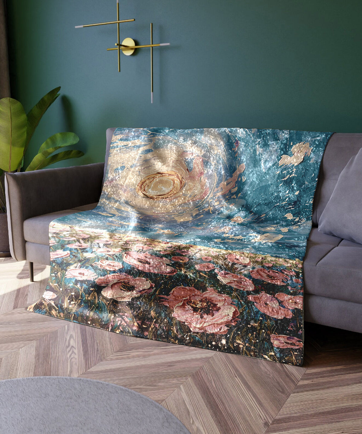 a living room with a couch and a painting on the wall