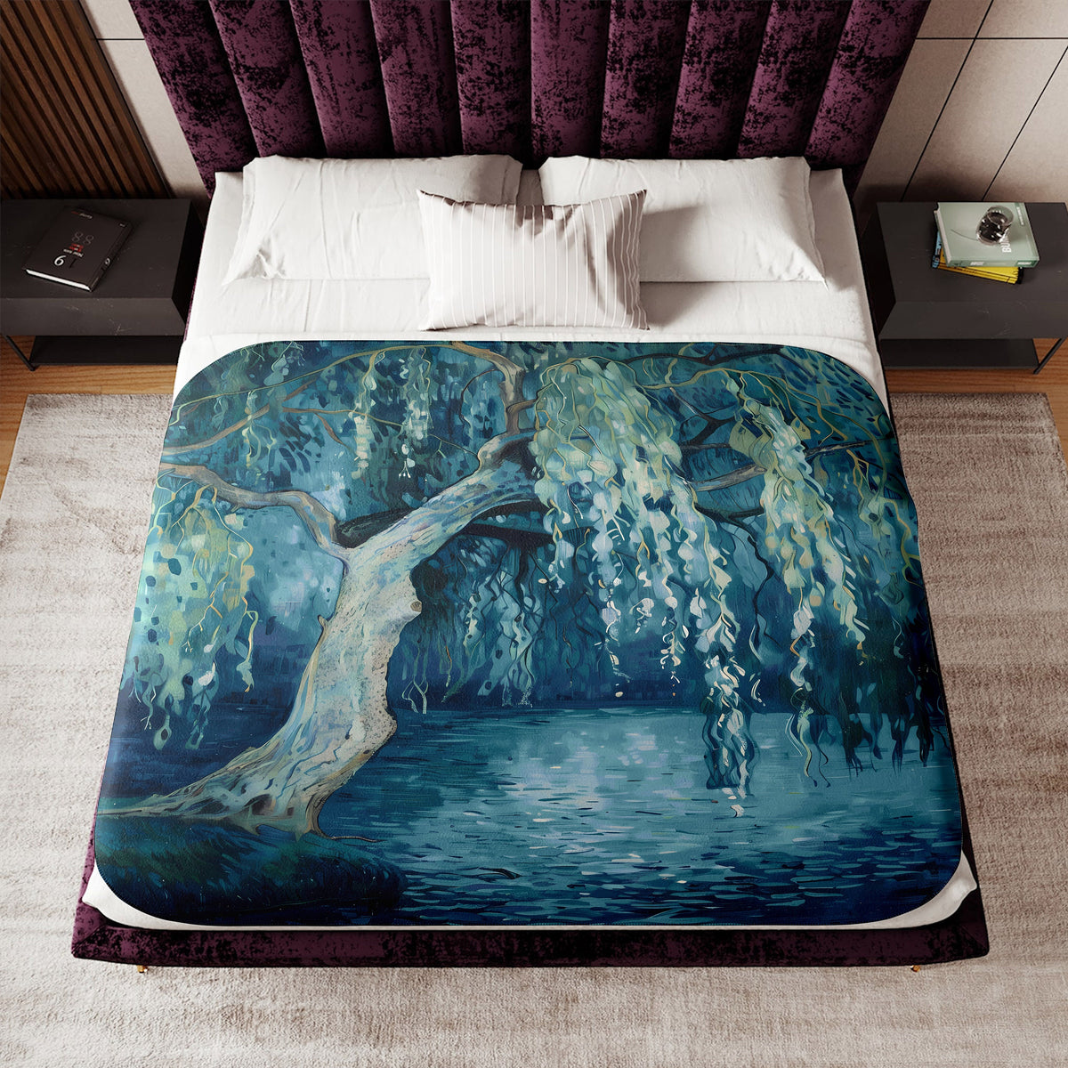 a bed with a painting of a tree on it