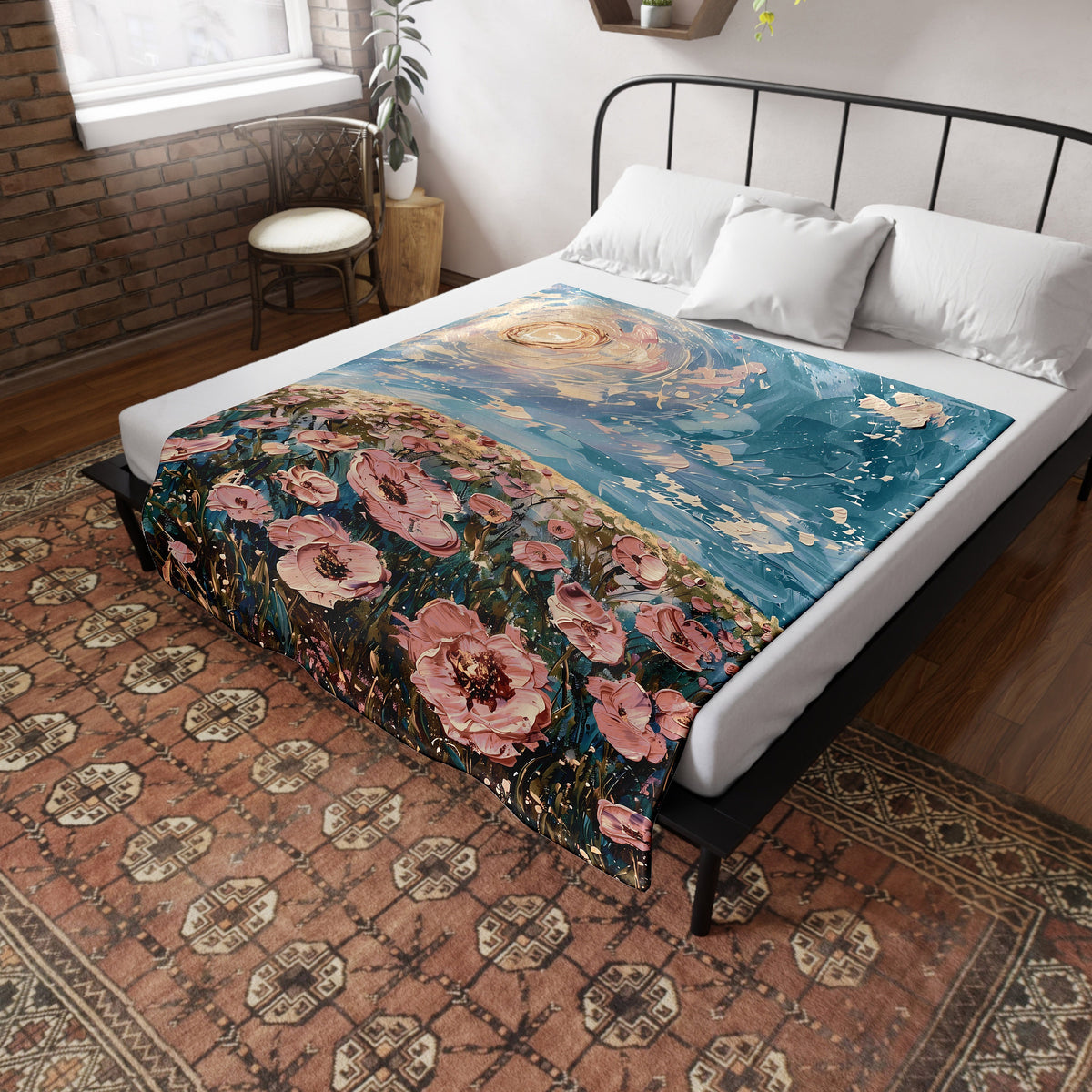 a bed with a painting of flowers on it