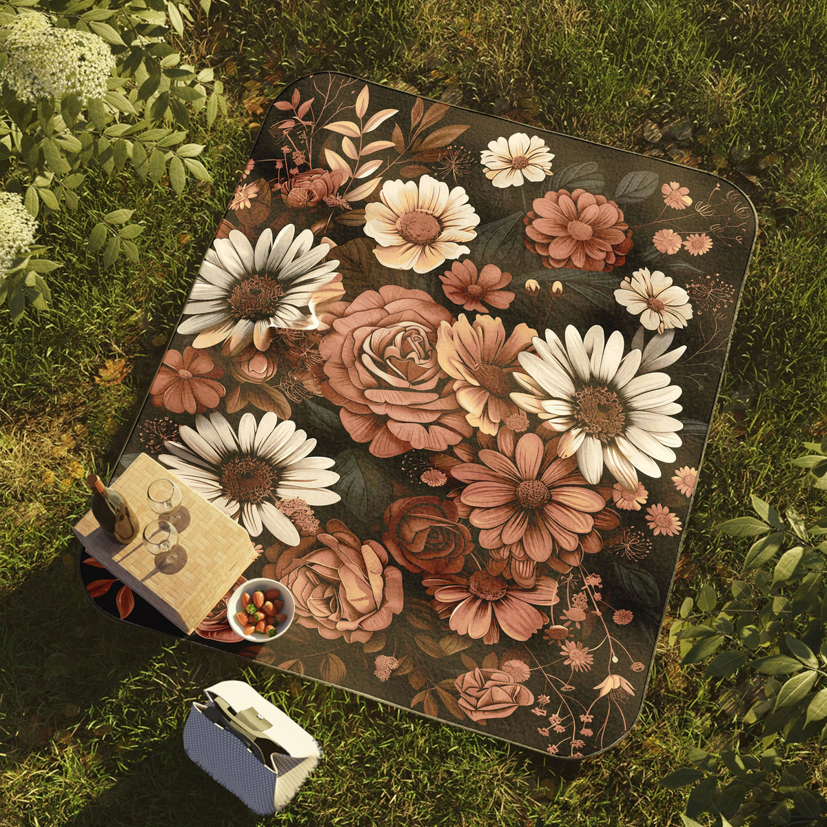 a picnic blanket with flowers on it in the grass