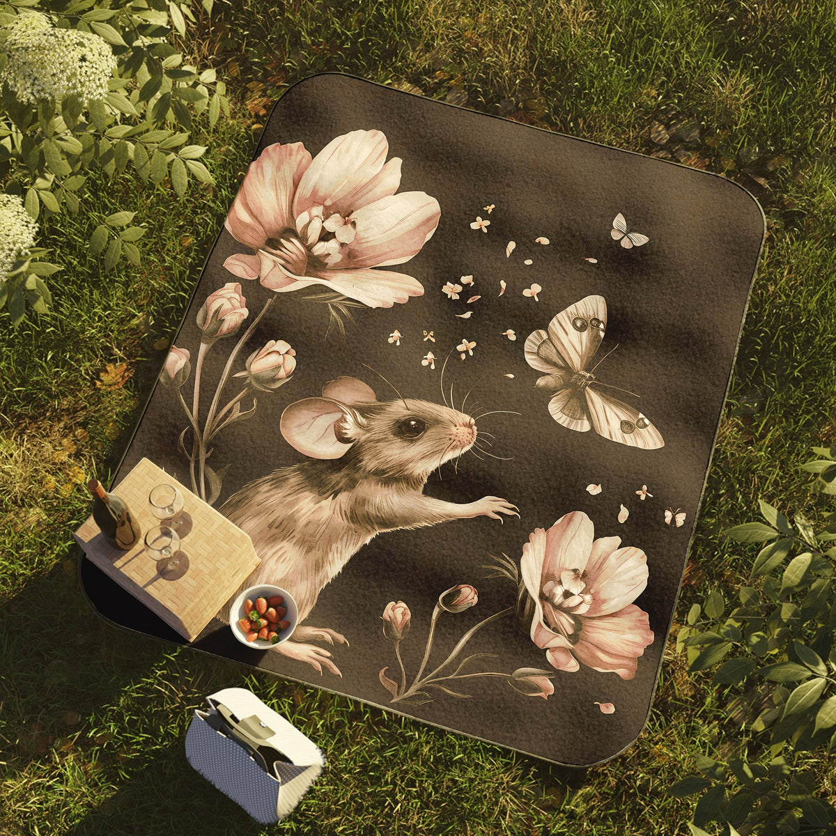 a mouse on a rug with flowers and butterflies on it