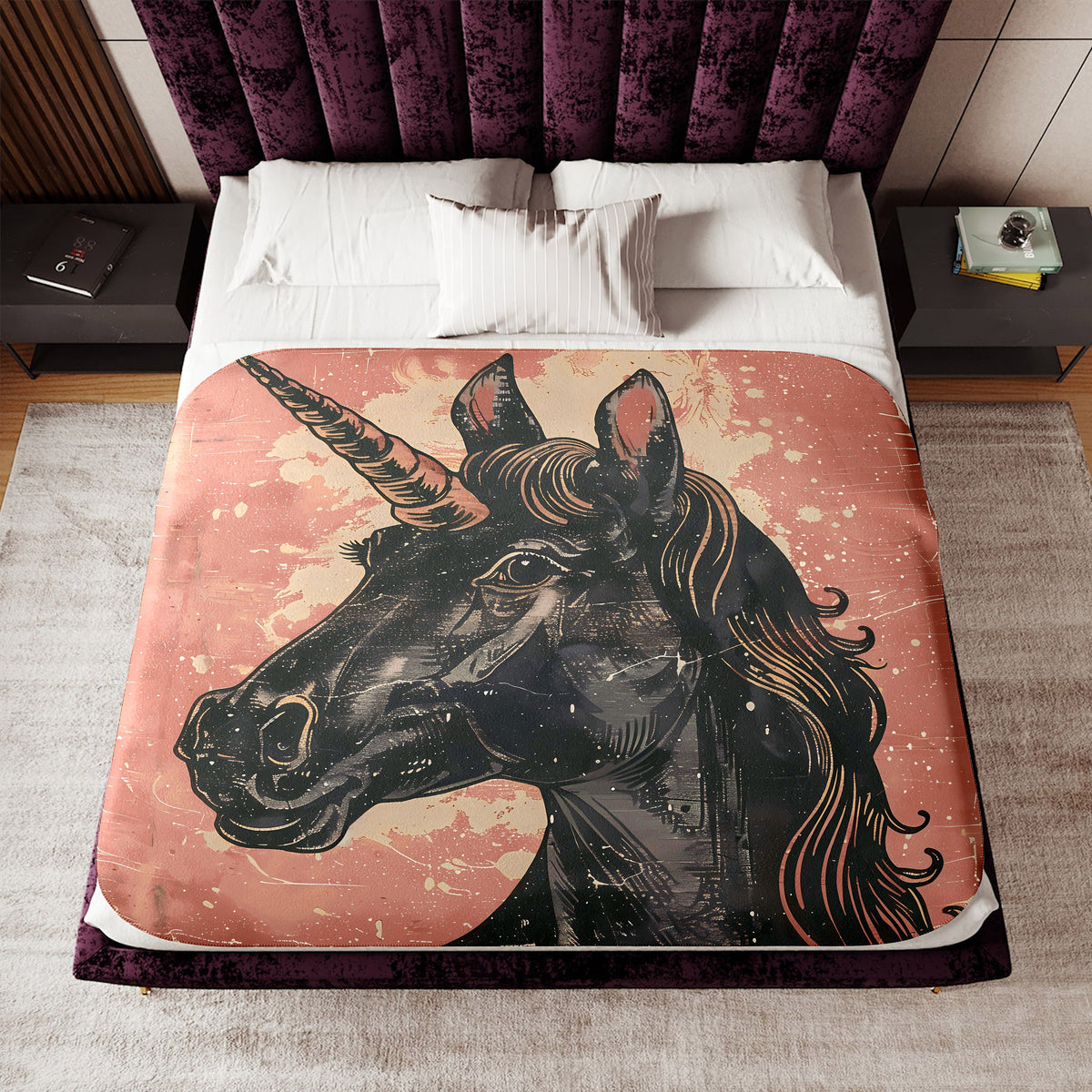 a bed with a picture of a unicorn on it