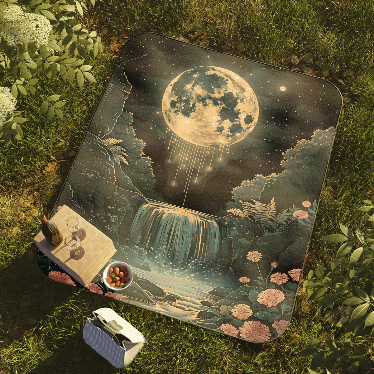 a picnic blanket with a painting of a waterfall and a full moon