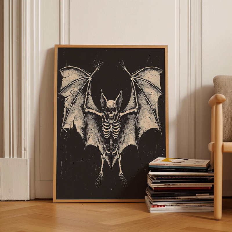 a picture of a bat on a wall next to a chair
