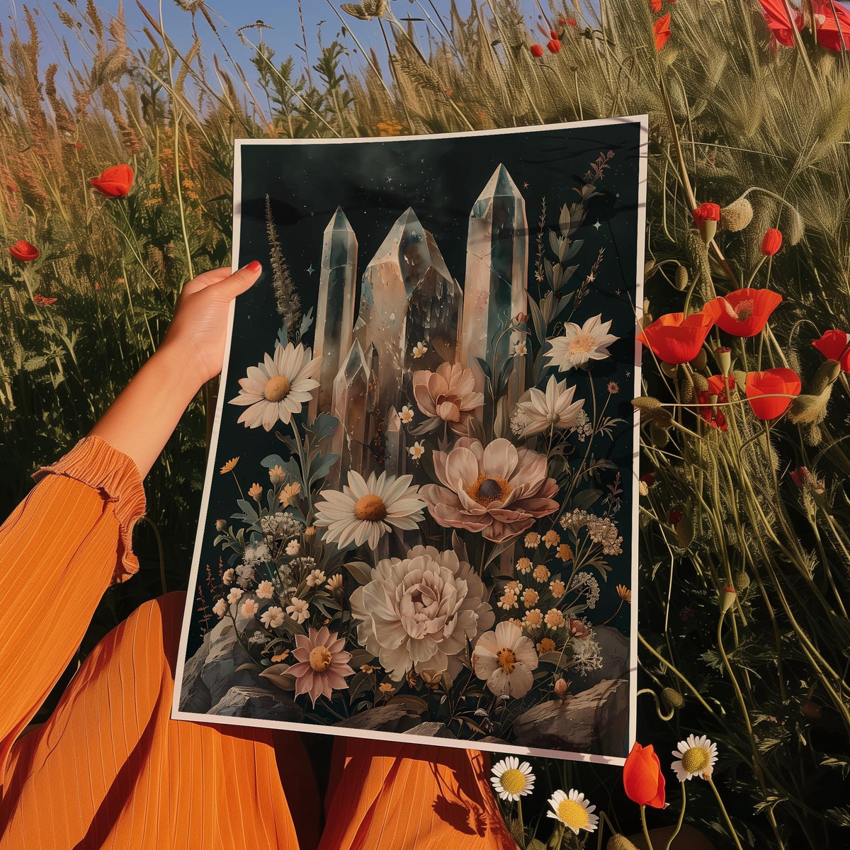 a woman holding up a picture of flowers