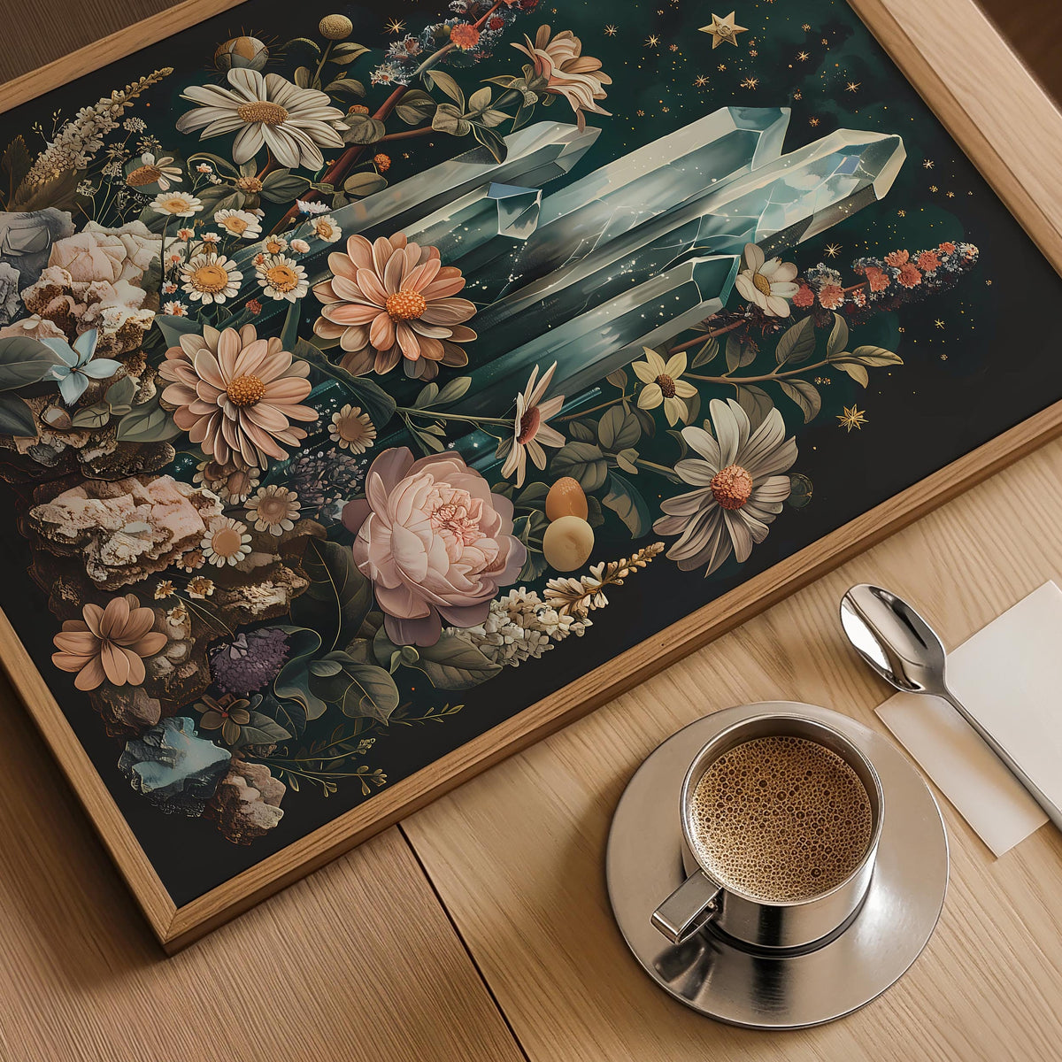 a cup of coffee sitting on top of a wooden table