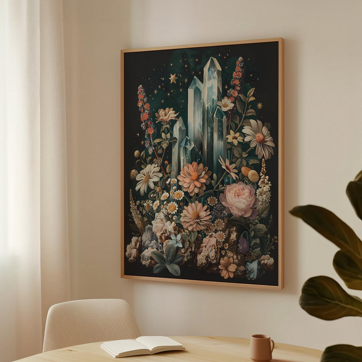 a painting hanging on a wall above a table