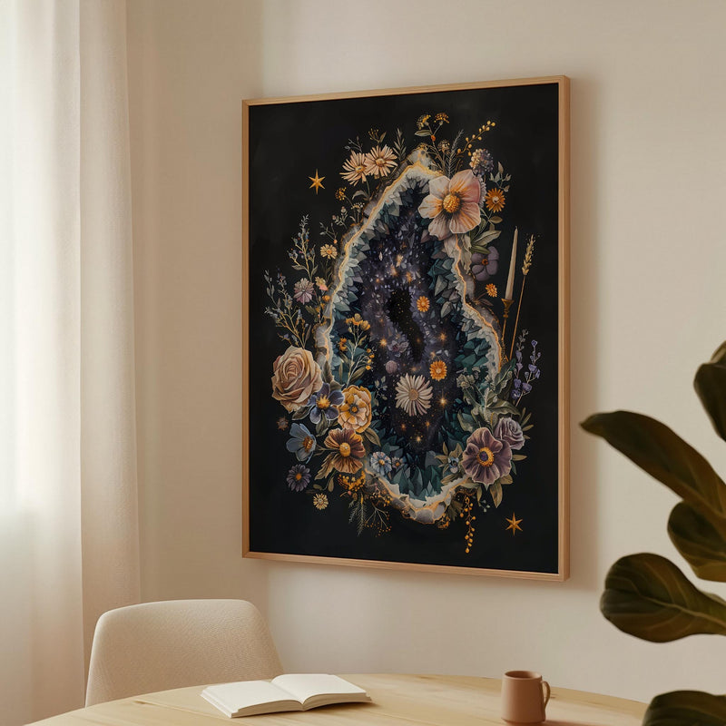 a painting hanging on a wall above a table