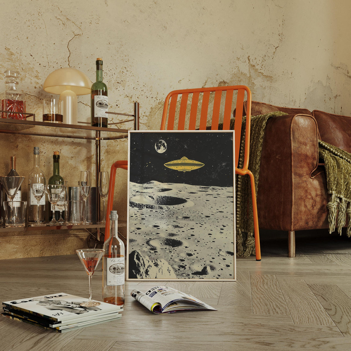 a picture of the moon and a book on the floor